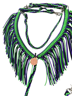 fringe breast collar neon purple and neon green.