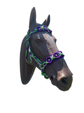 Complete bitless bridle purple, silver, and neon green  Beaded Browband Headstall with a fancy braided browband all sizes