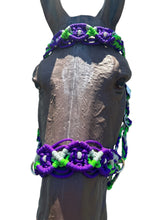 Complete bitless bridle purple, silver, and neon green  Beaded Browband Headstall with a fancy braided browband all sizes
