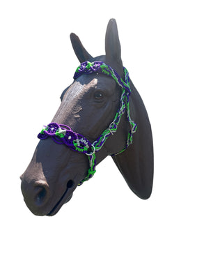 Complete bitless bridle purple, silver, and neon green  Beaded Browband Headstall with a fancy braided browband all sizes