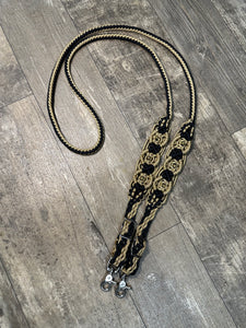 8' Fancy  braided beaded black and gold  loop reins with gold beads