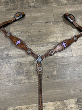 Leather breast collar and browband headstall lilac crosses