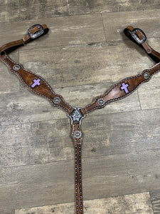 Leather breast collar lilac crosses