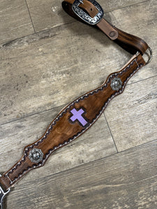 Leather breast collar and browband headstall lilac crosses