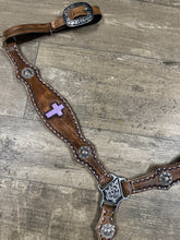 Leather breast collar and browband headstall lilac crosses