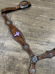 Leather breast collar and browband headstall lilac crosses