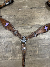 Leather breast collar and browband headstall lilac crosses