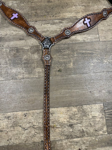 Leather breast collar and browband headstall lilac crosses