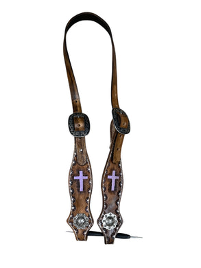 Painted cross leather simple headstall  with conchos  horse size