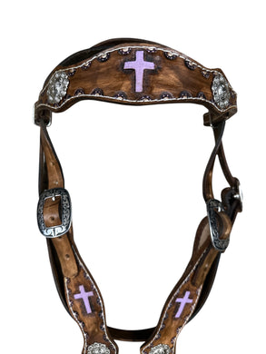 Painted cross leather browband headstall  with conchos  horse size