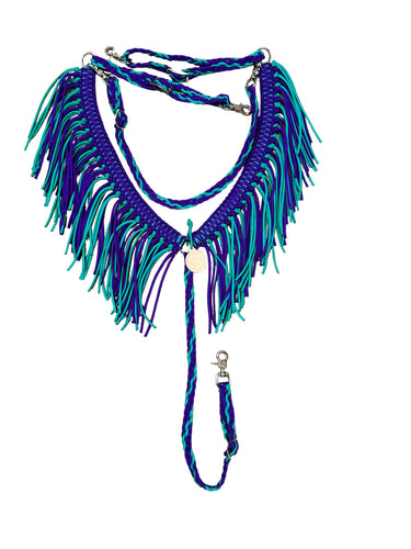 Purple and green turquoise fringe breast collar with a wither strap