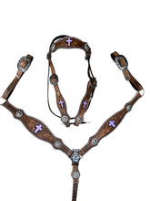 Leather breast collar and browband headstall lilac crosses