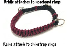 Burgundy side pull hackamore  bitless attachment “with a whoa”.... with black or  brown chinstrap...all sizes