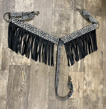 Grey cheetah nylon fringe breast collar with leather fringe.