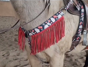 Vegas nylon fringe breast collar with red leather fringe and a wither strap.