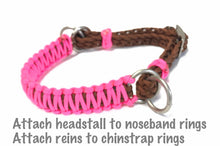 Hot pink side pull hackamore  bitless attachment “with a whoa”.... with black or  brown chinstrap...all sizes