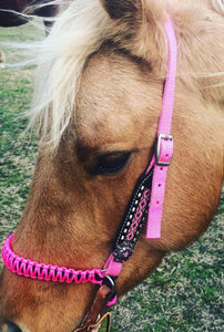 Hot pink side pull hackamore  bitless attachment “with a whoa”.... with black or  brown chinstrap...all sizes