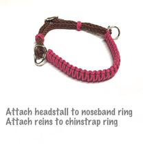 Fuchsia side pull hackamore  bitless attachment “with a whoa”.... with black or  brown chinstrap...all sizes