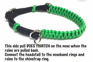 Neon green side pull hackamore  bitless attachment “with a whoa”.... with black or  brown chinstrap...all sizes