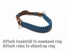 Carribean blue side pull hackamore with a whoa bitless attachment.... with black or  brown chinstrap...all sizes