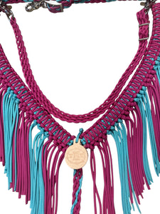 Fuchsia and turquoise fringe breast collar with a wither strap