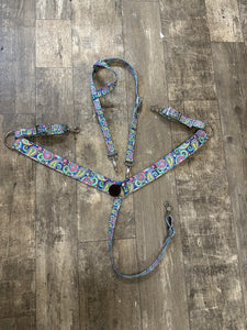 Bright paisley  print  tack set wither strap, halter, cinch strap, breast collar nylon horse size