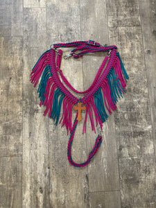 Fuchsia and teal fringe breast collar with wither strap.