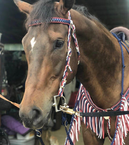 Red white and midnight blue fringe breast collar with wither strap