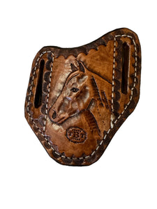 Hand tooled pancake knife sheath horse head