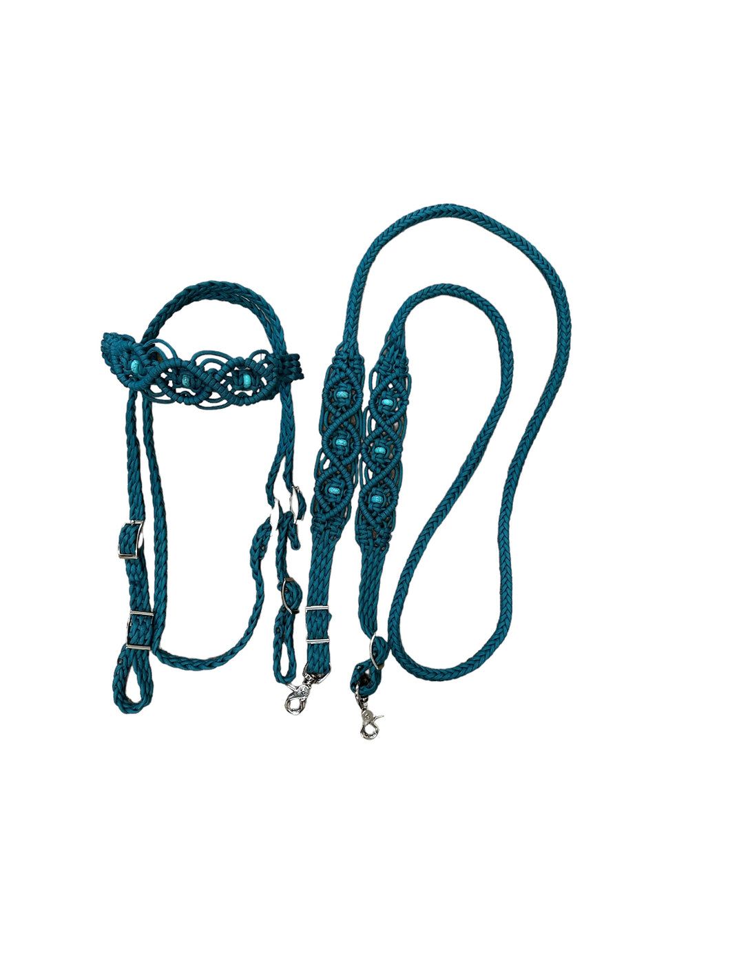 Teal Beaded Browband Headstall with a fancy braided browband with matching reins....all sizes.