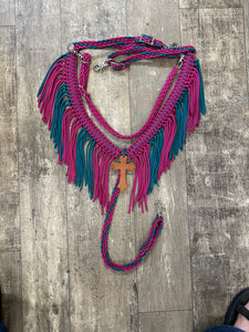 Fuchsia and teal fringe breast collar with wither strap.