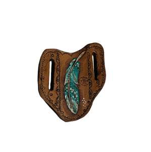 Hand tooled and pancake knife sheath teal feather