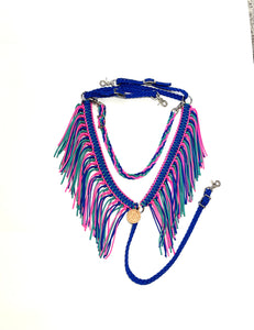 Electric blue hot pink and green turquoise fringe breast collar with a wither strap
