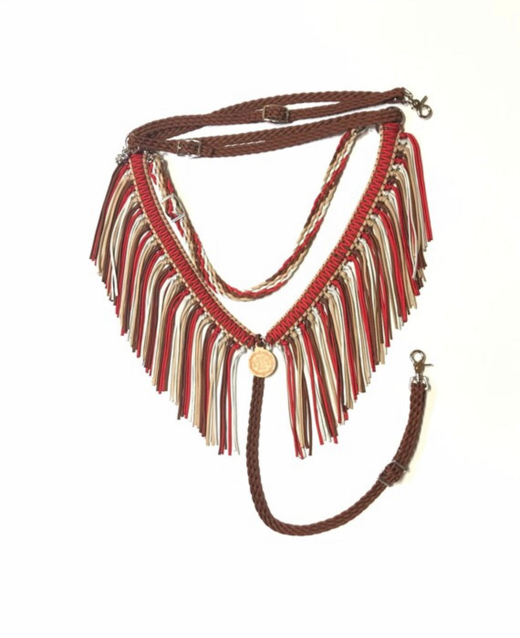 fringe breast collar red tan and brown with a wither strap