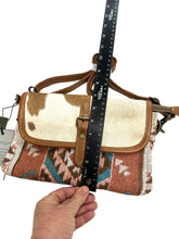 Tapestry cowhide and leather small cross body bag with leather strap