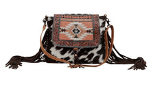 Cowhide, Tapestry and leather fringe  cross body  bag with leather strap