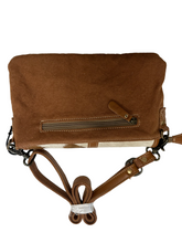 Tapestry cowhide and leather small cross body bag with leather strap