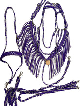 Purple horse tack set with tie down (fringe breast collar, wither strap, reins, and bridle)