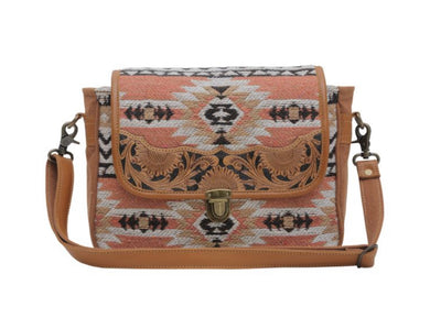 Tapestry and leather shoulder  bag with leather strap