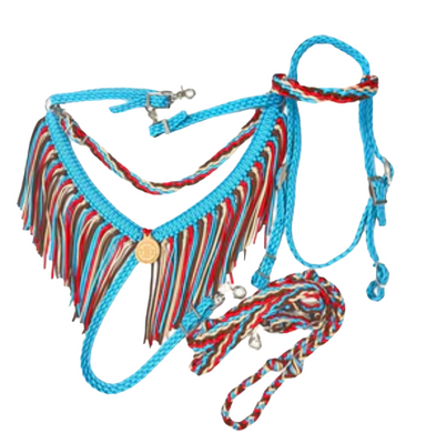 Turquoise  horse tack set,  (fringe breast collar, wither strap, reins, and bridle)