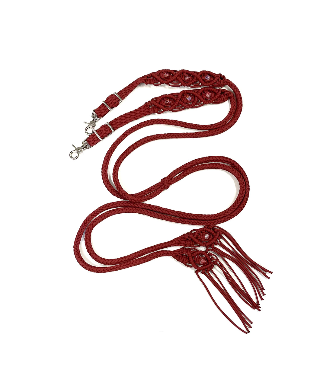 Fancy braided split reins in crimson with European painted glass beads...beautiful yet practical
