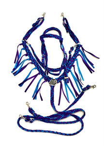 horse mule tape tack set,  (fringe breast collar, wither strap, reins, and bridle)