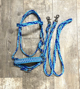 complete bitless bridle side pull hackamore light blue, electric blue, and neon turquoise ....pony, Cob, Horse. or Draft horse size