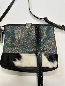 myra turquoise and black cowhide leather hand bag with tooled leather