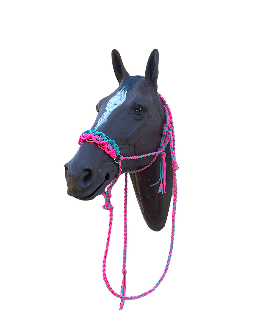 Braided horse halter with lead hot pink and light teal