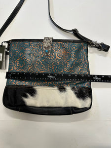 myra turquoise and black cowhide leather hand bag with tooled leather