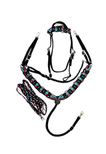 Gemstone fancy macrame  breast collar with matching bridle, wither strap, and barrel reins