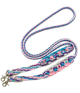 8' Fancy  braided loop reins pink lilac turquoise and silver