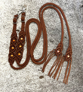 Fancy braided split reins in chocolate brown with beading...beautiful yet practical
