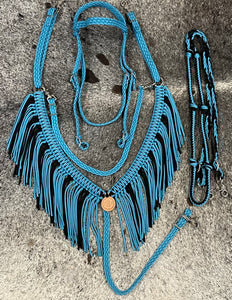 horse tack set,  (fringe breast collar, wither strap, reins, and bridle)